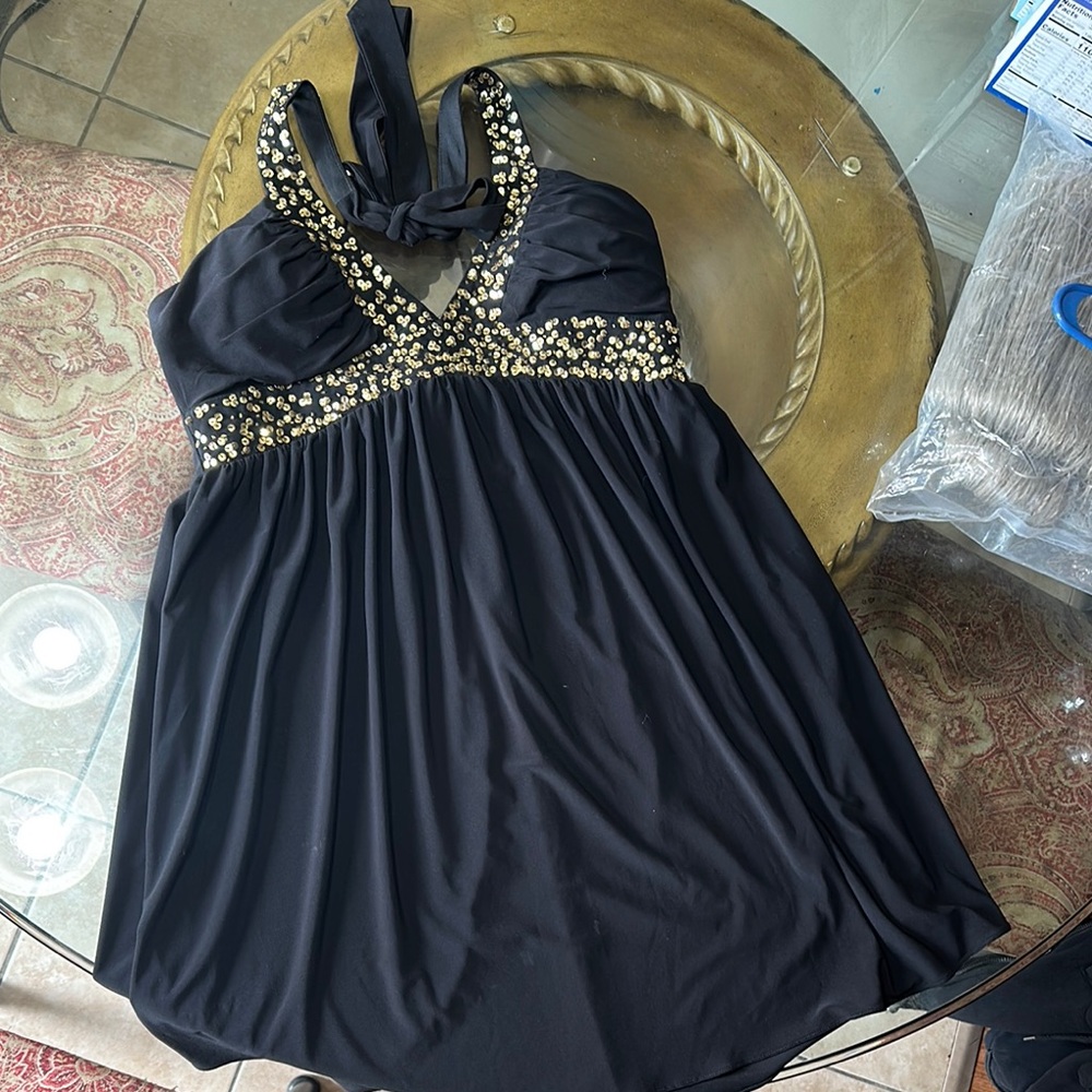 Black Halter Dress with Gold Accents